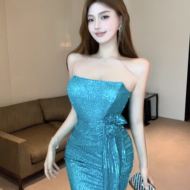 Vestido de fiesta azul con lentejuelas y abertura, corte A, sin mangas y sin tirantes, TP3708