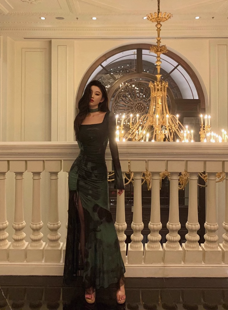 Vestido verde sexy de manga larga para 21 cumpleaños, ideal para fiestas, atuendos de cumpleaños, ideas para mujeres (DP1899)