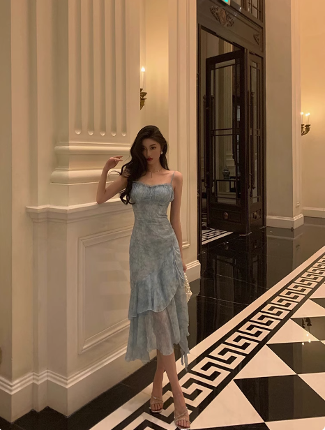 Sexy A line Floral Blue 21st Birthday Dress Party Gown Birthday Outfits Birthday Dress Ideas For Women DP1886