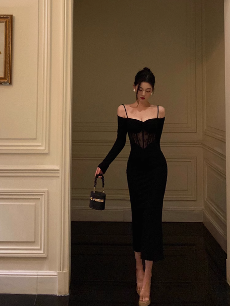 Vestido negro sexy de manga larga para 21 cumpleaños. Ideas para vestidos de cumpleaños para mujeres (DP1898).