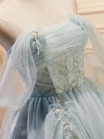 Vintage Light Blue Beaded Off-the-shoulder Design A-line Tulle Party Dress Homecoming Dress TP4063