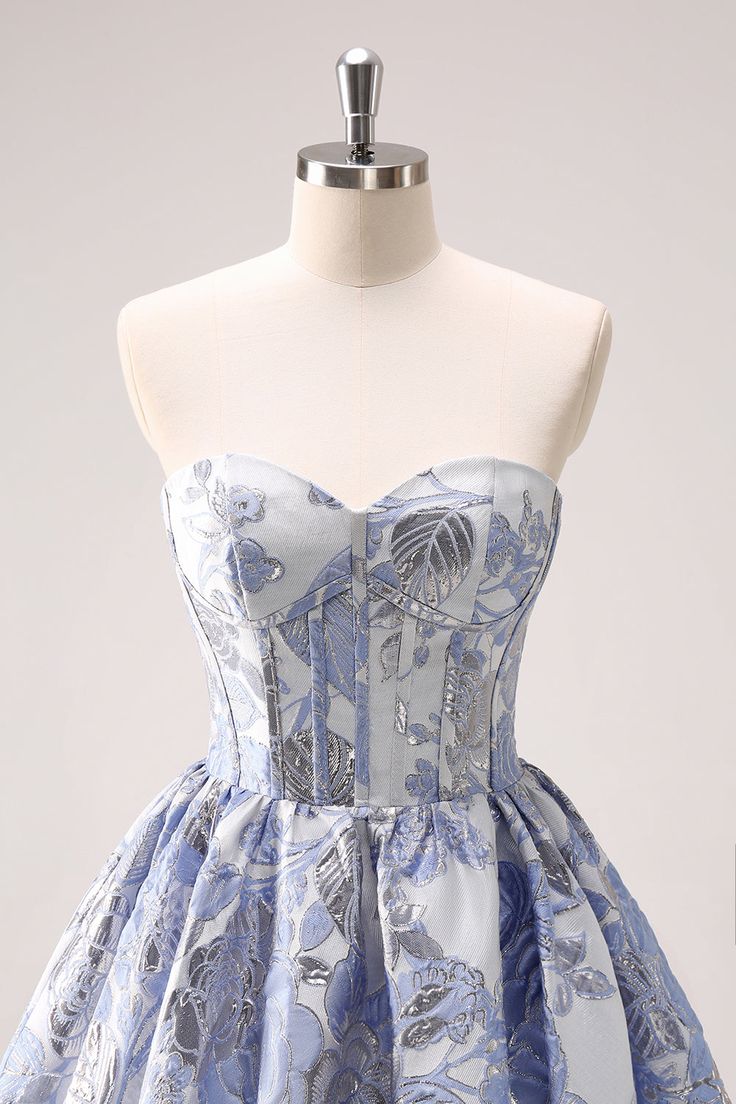 Retro Fashion Blue Corset Design Strapless Mini Party Dress  Floral Homecoming Dress TP3393