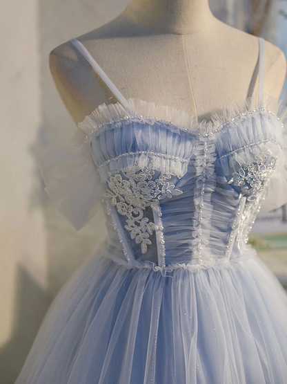 Vintage Light Blue Applique Sweetheart Spaghetti Strap Design A-line Tulle Party Dress Homecoming Dress TP4070