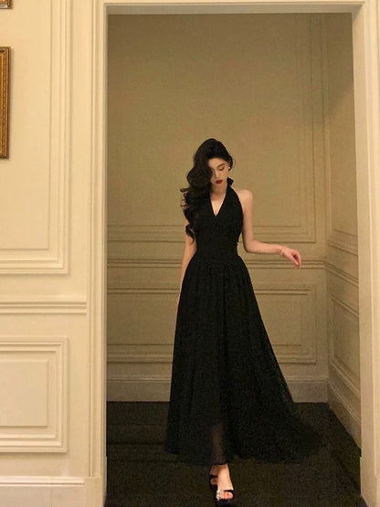 Vestidos de fiesta negros sexys con cuello halter y sin mangas, para fiesta de verano, para cumpleaños número 18, W819