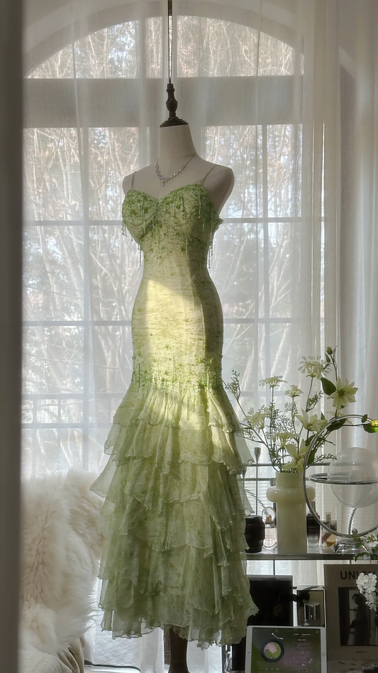 Elegant Green Fairy Mermaid Long Chiffon Spaghetti Strap Ball Gown Evening Dress Prom Dresses TP3967