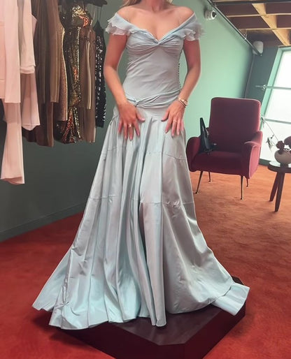 Blue Off-the-shoulder Elegant A-Line Long Prom Dress Birthday Dress   cg25465