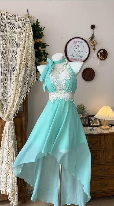 Retro Blue-green Applique Design A-line Chiffon Elegant Homecoming Dress Birthday Dress Party Dress TP4175