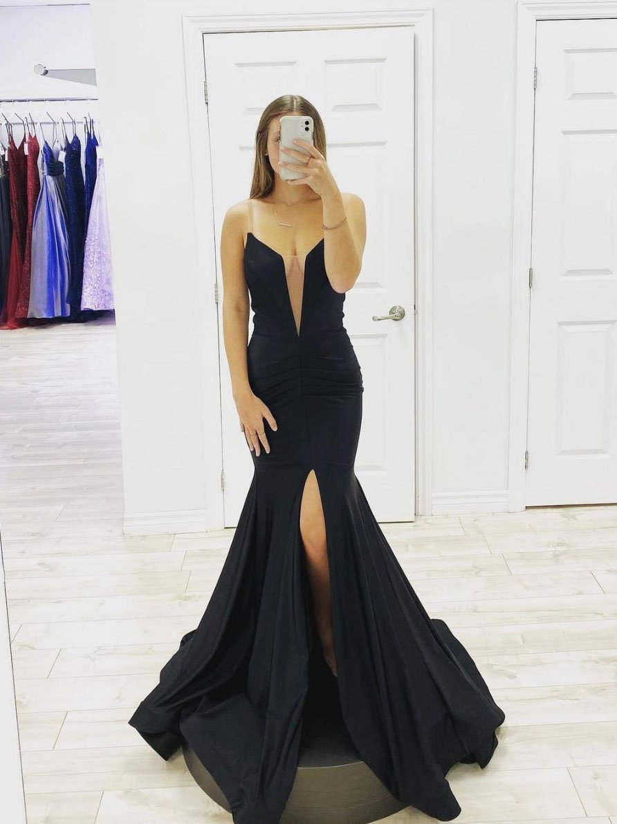 Vestido de fiesta largo de satén negro sencillo, vestido de noche negro