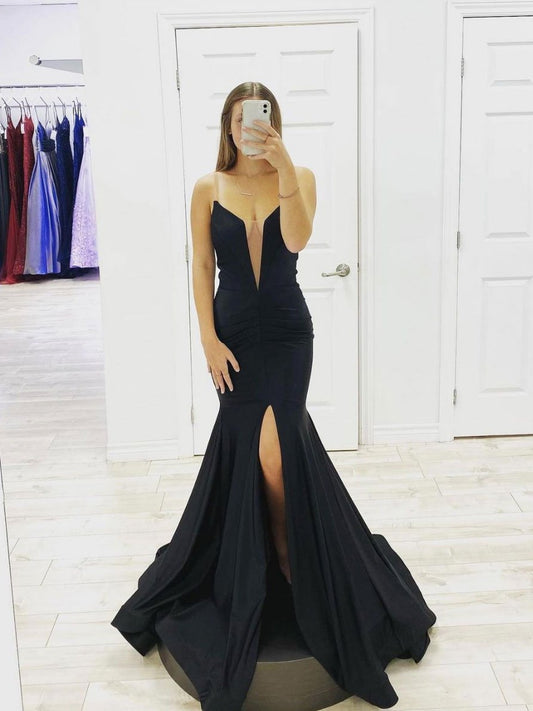 Vestido de fiesta largo de satén negro sencillo, vestido de noche negro