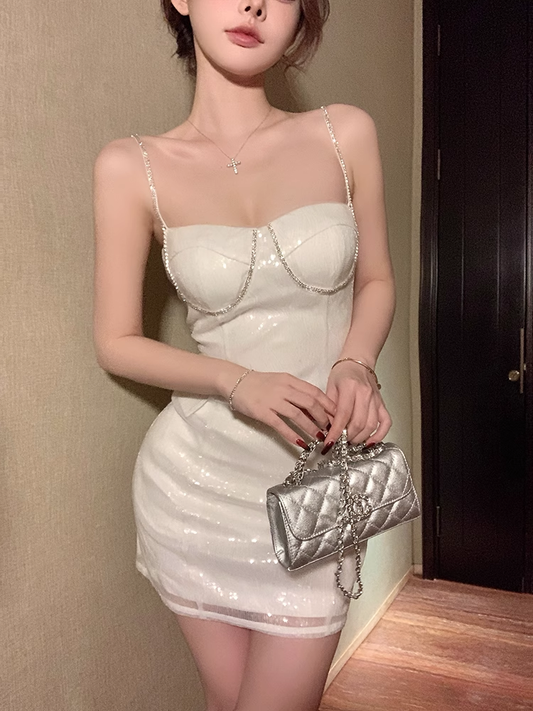 Fashion Beige Sequin Tight Design A-line Spaghetti Strap Homecoming Dress TP3688