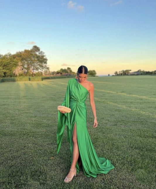 Green simple fashion one shoulder long satin ball gown evening dress party dress gh3355
