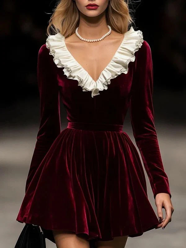 Burgundy A Line Long Sleeve White Ruffle Velvet Short Homecoming Dress Cocktail Dress SH3697