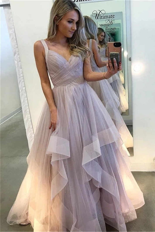 A-line Long Prom Dresses Lavender Tiered Tulle Sleeveless Evening Gown GP14