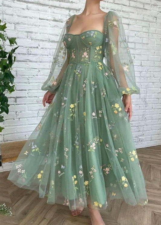 Good quality bubble sleeves a-line tulle embroidery prom evening dresses    cg24828