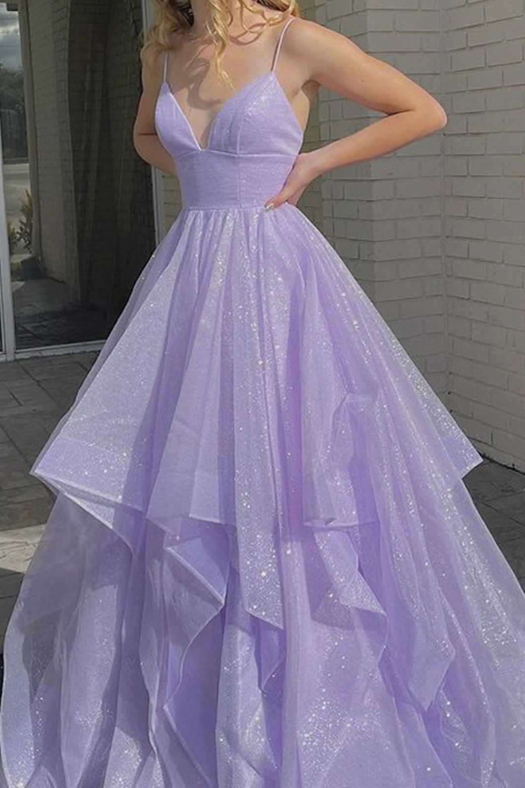 Lilac Sparkly Prom Dresses Long V-neck Formal Evening Dresses GP106