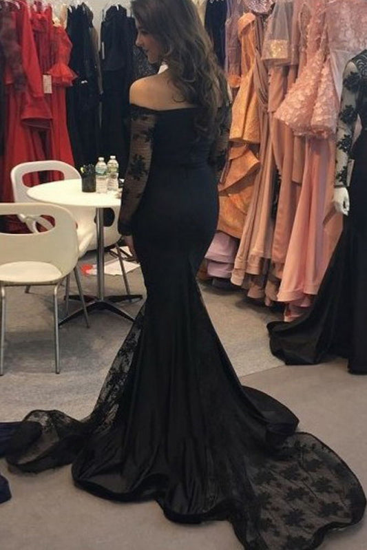 Lace Long Sleeves Black Prom Dress Mermaid With Applique GP101