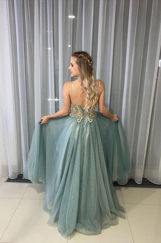 A-Line Tulle Long Prom Dress Beading Bodice With Spaghetti Straps GP93