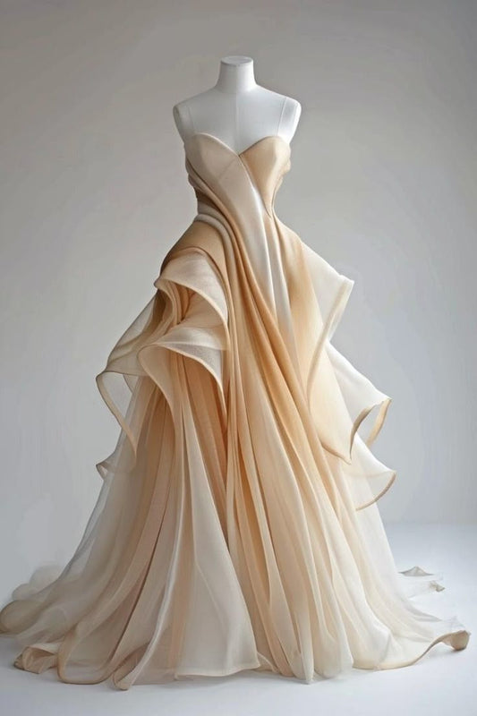 2025 New Champagne Ombre A Line Tulle Long Prom Dress Evening Dress SH2449