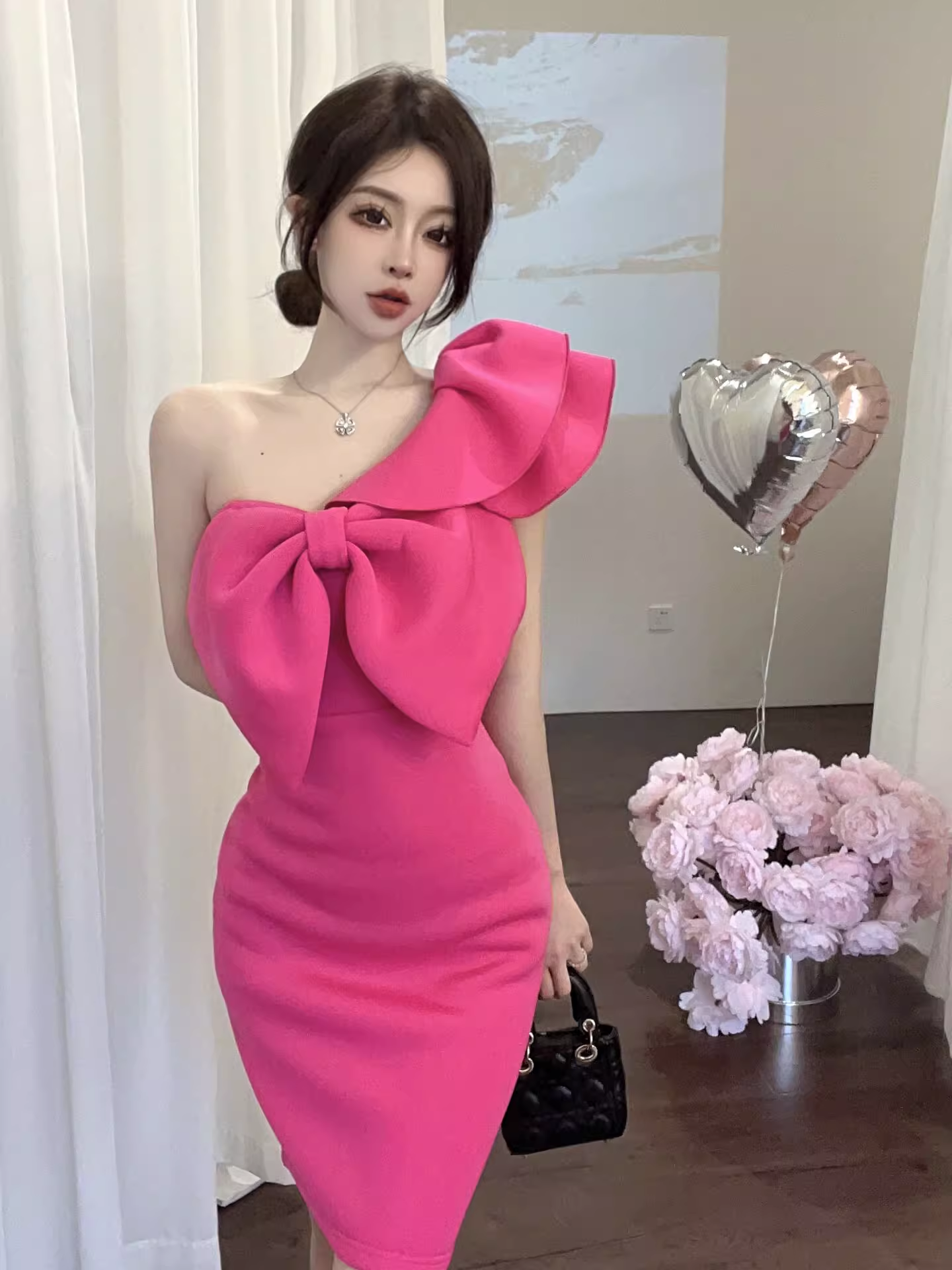Vestido de fiesta de graduación en rosa de moda con un solo hombro y lazo, corte A, TP3687