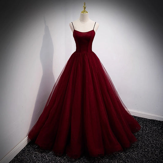 Elegante vestido de fiesta largo burdeos con tirantes finos, ideal para celebrar 20 cumpleaños y 18 años, DH128