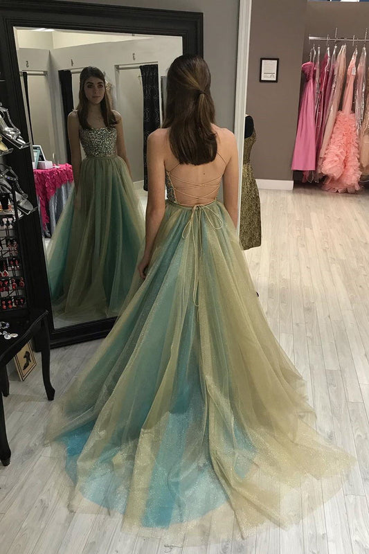 Strapless Beading Long Prom Dress Tulle Spaghetti Backless Formal Gown GP72