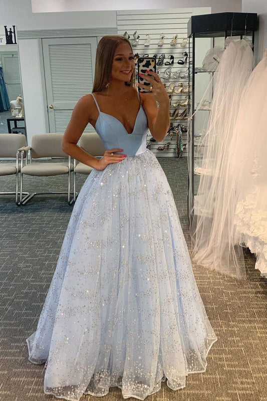 Light Blue Sparkly Tulle Backless Long Prom Dress GP99