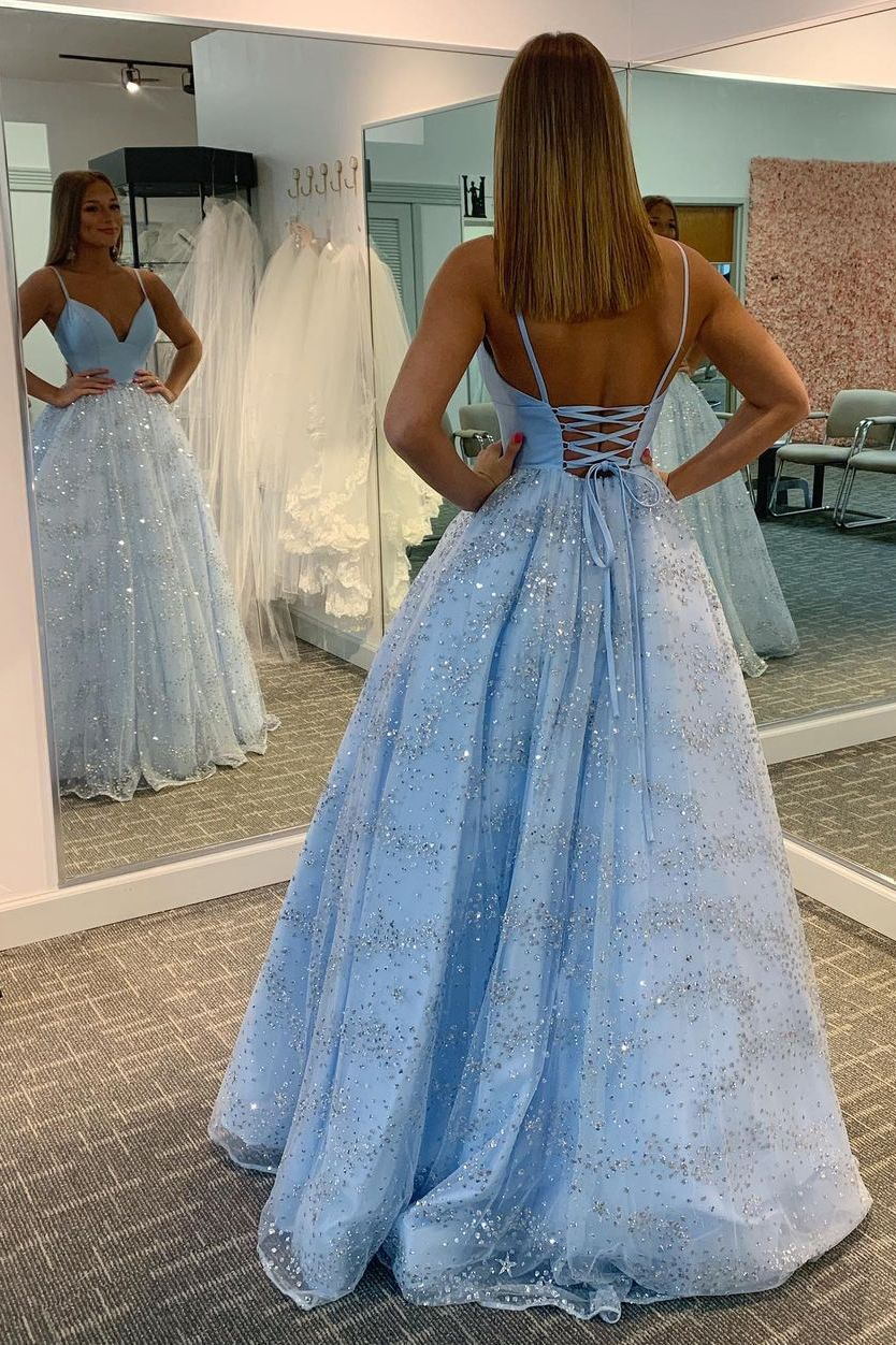 Light Blue Sparkly Tulle Backless Long Prom Dress GP99