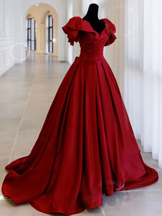 Vestido de fiesta largo de satén burdeos con hombros descubiertos, vestido de noche burdeos
