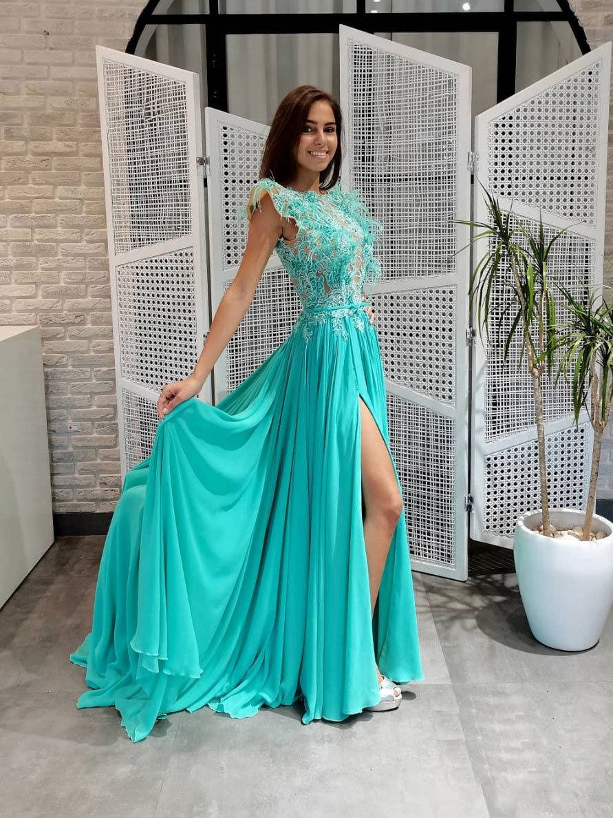 Vestido de fiesta largo de encaje de gasa con cuello redondo verde, vestido de noche de encaje