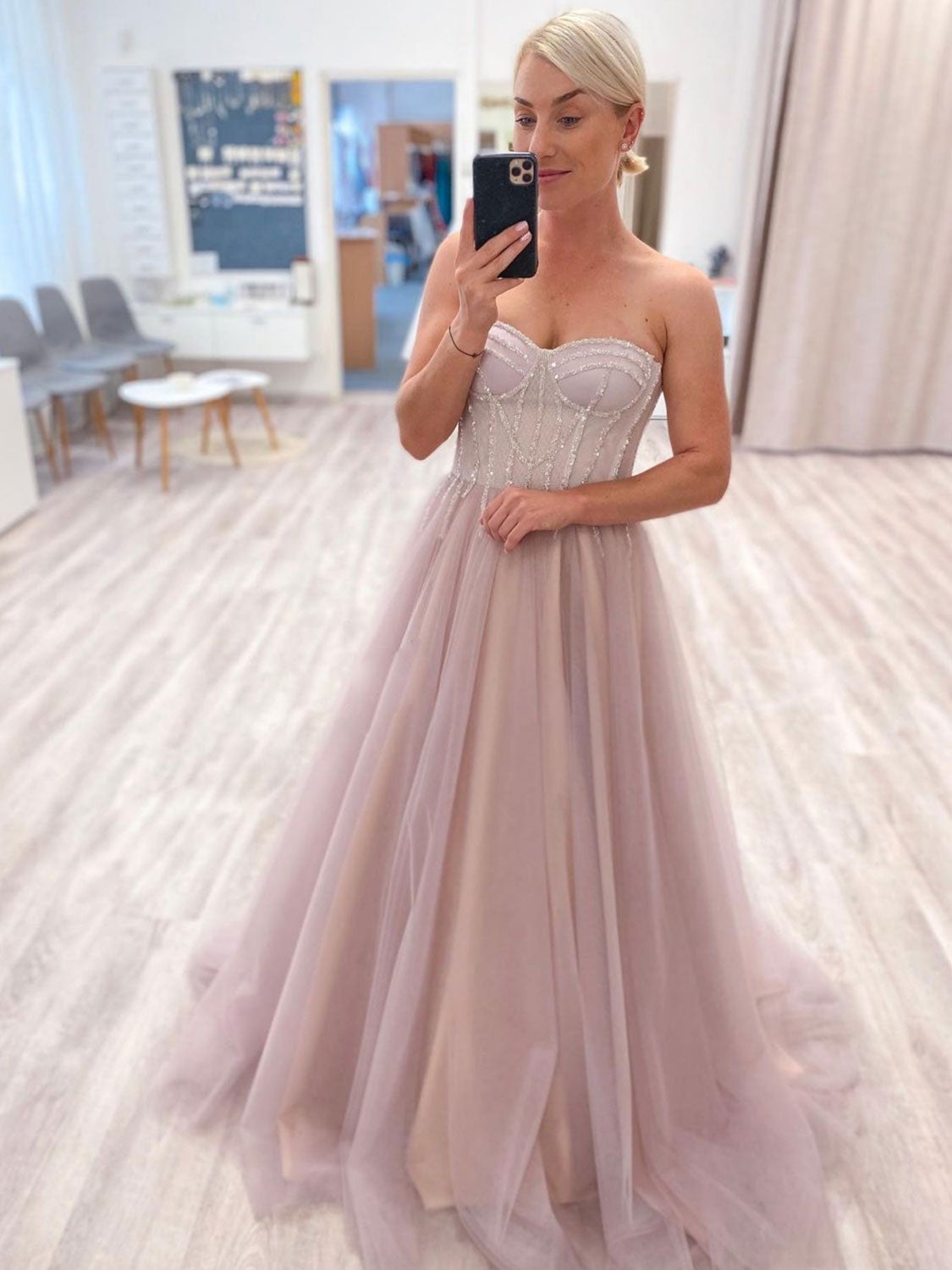 Vestido de fiesta largo de tul con escote corazón rosa, vestido formal de tul rosa
