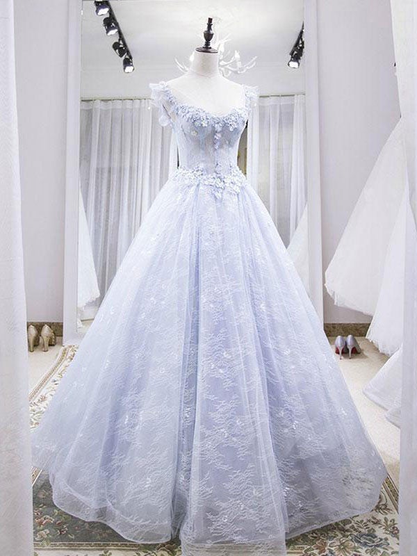 Vestido de fiesta largo de tul con encaje morado claro, vestido de noche azul