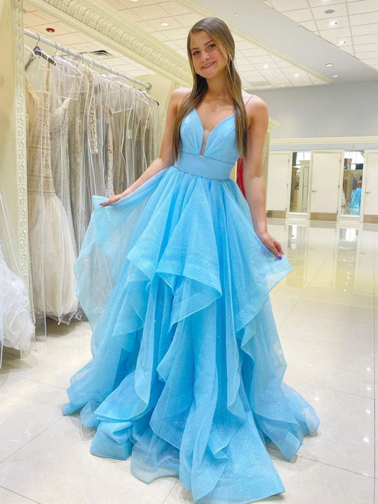 Vestido de fiesta largo de tul azul sencillo con escote en V, vestido formal de tul azul