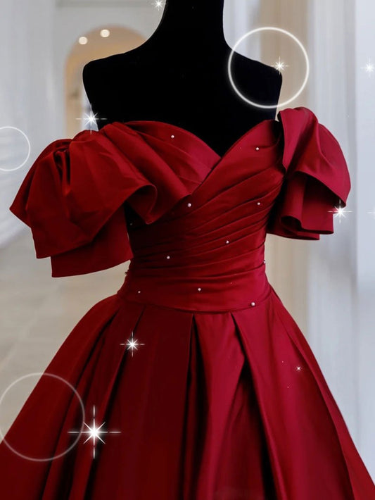 Vestido de fiesta largo de satén burdeos con hombros descubiertos, vestido de noche burdeos
