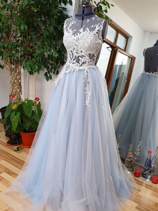 Vestido de fiesta largo de tul con cuello redondo azul y encaje, vestido de noche de tul con encaje azul
