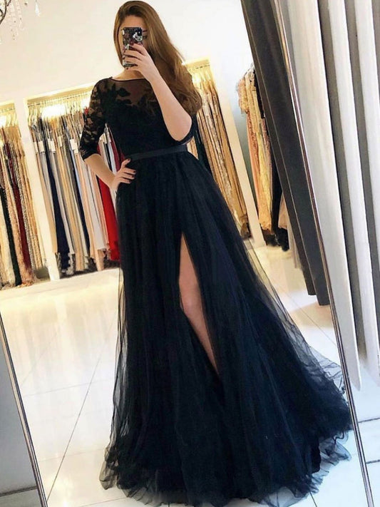 Vestido de fiesta largo de tul con cuello redondo negro y encaje, vestido de noche negro