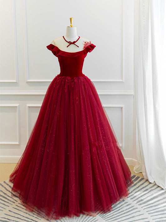 Vestido de fiesta largo de tul burdeos con encaje, vestido de noche de tul burdeos