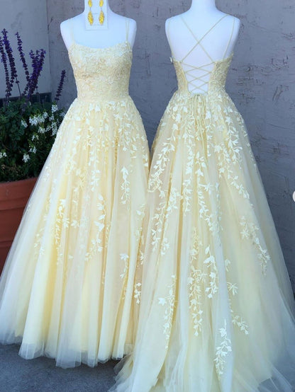 Vestido de fiesta largo de encaje de tul amarillo, vestido formal de encaje de tul amarillo