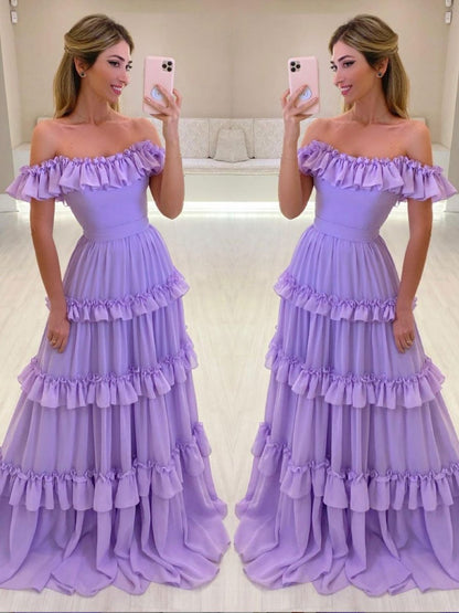 Vestido de fiesta largo de gasa morada, vestido de noche morado