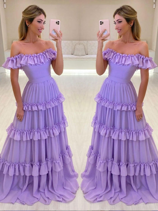 Vestido de fiesta largo de gasa morada, vestido de noche morado