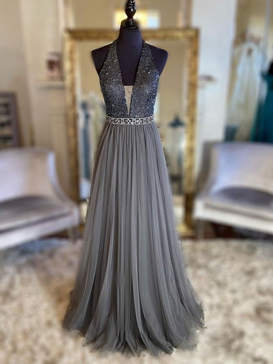 Vestido de fiesta largo de tul gris con escote en V y cuentas, vestido formal de tul gris