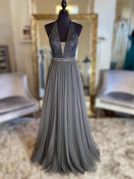Vestido de fiesta largo de tul gris con escote en V y cuentas, vestido formal de tul gris
