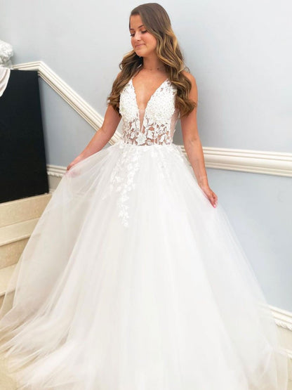 Vestidos de fiesta largos de tul con escote en V blanco y encaje, vestido de noche de encaje sexy 