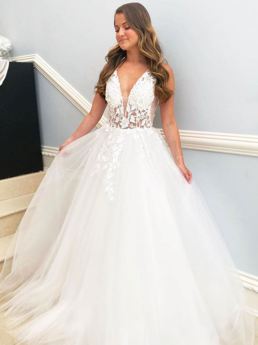 Vestidos de fiesta largos de tul con escote en V blanco y encaje, vestido de noche de encaje sexy 
