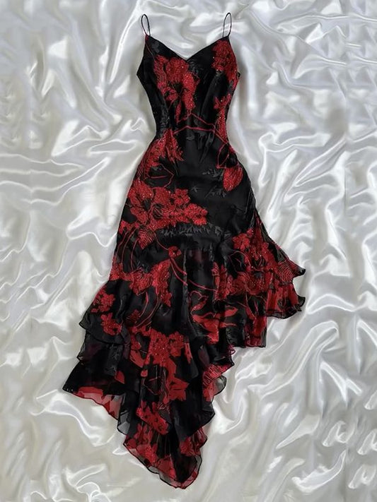 black red floral beaded long chiffon ball gown evening dress elegant chiffon birthday dress party dress gh4446