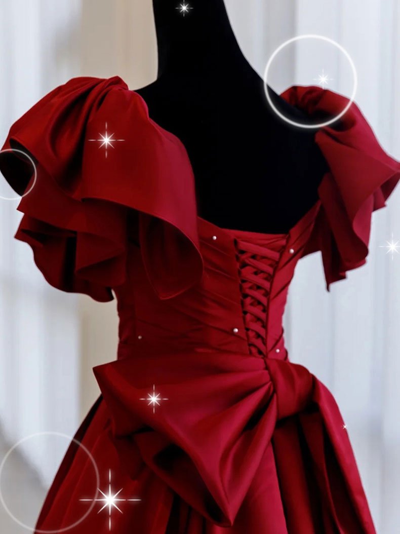Vestido de fiesta largo de satén burdeos con hombros descubiertos, vestido de noche burdeos