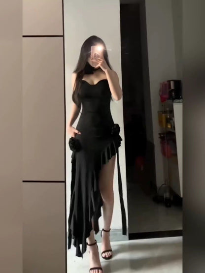 Simple Sheath Spaghetti Straps Black Satin Vacation Beach Dress Long Birthday Dresses SD006