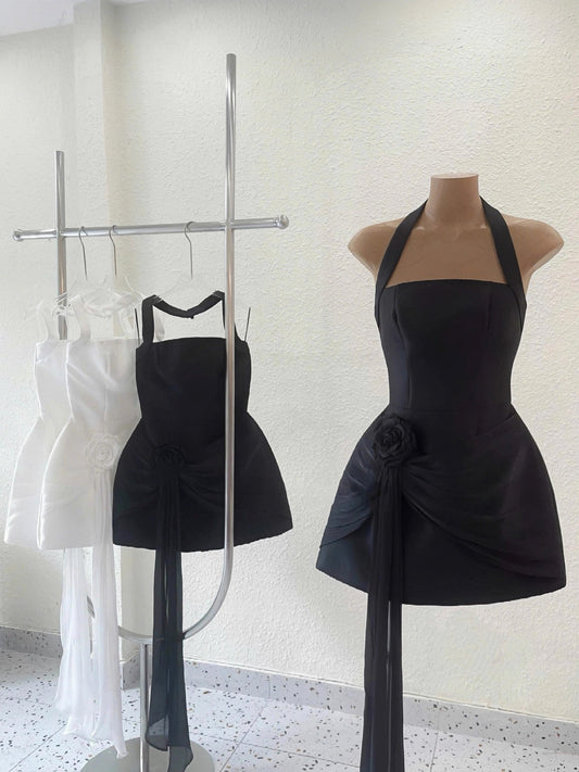 Vestido negro corto con cuello halter y corte en A, para fiesta, corto, formal, de bienvenida, elegante, de noche, para cóctel, para cumpleaños número 16, DH2766