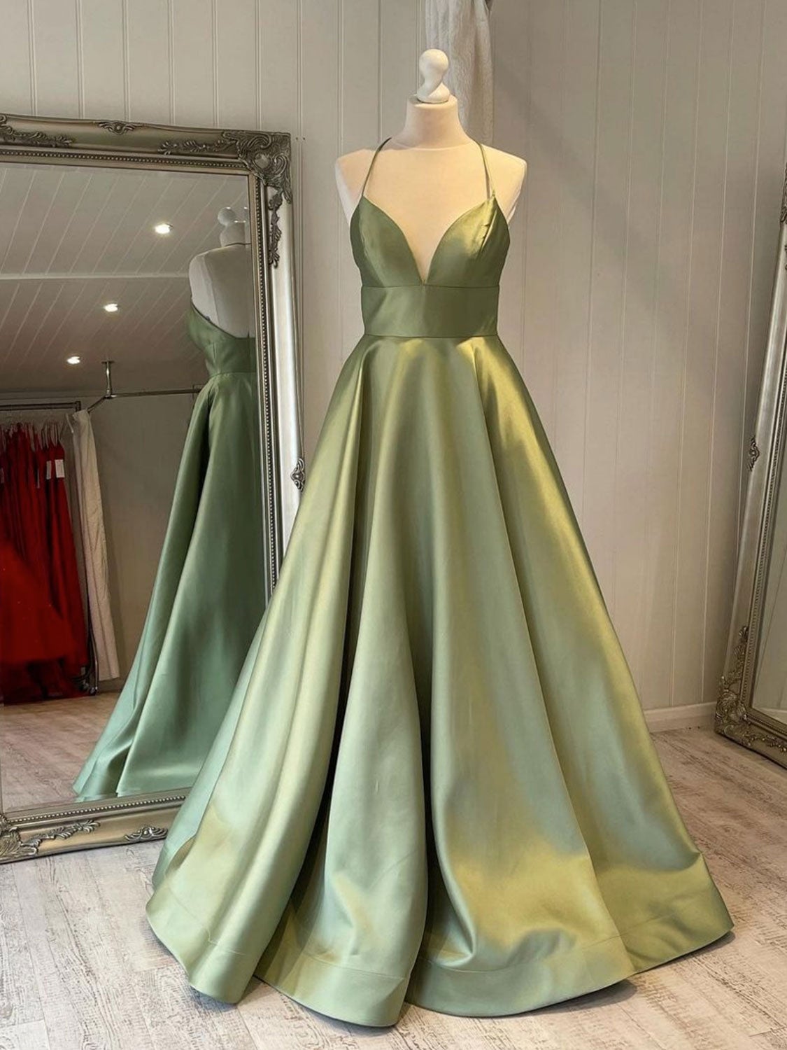 Vestido de fiesta largo de satén verde con escote en V sencillo, vestido de noche verde