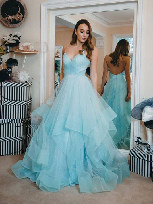 Vestido de fiesta largo de tul azul sencillo, vestido formal de tul