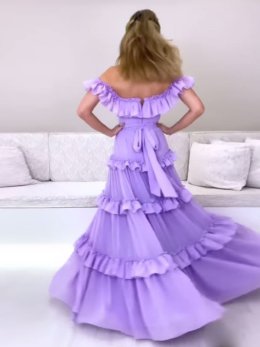Vestido de fiesta largo de gasa morada, vestido de noche morado